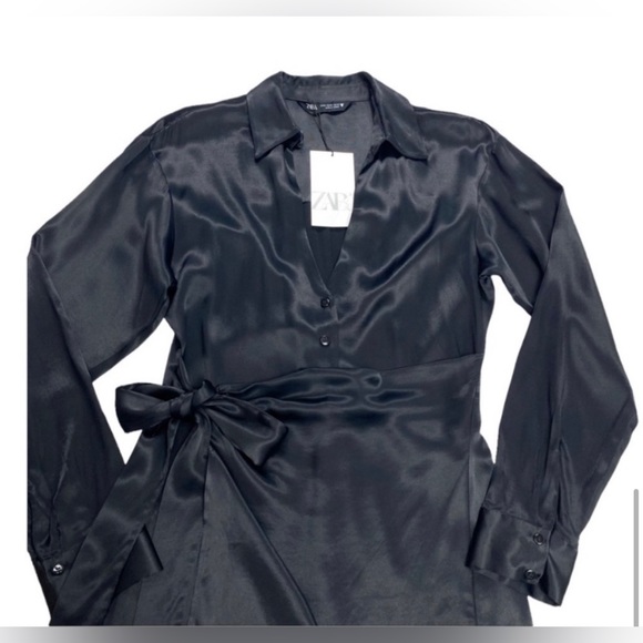 NWT Silky Satin Zara Button Up Wrapped Waist Mini Dress in Black Size M - Picture 4 of 6